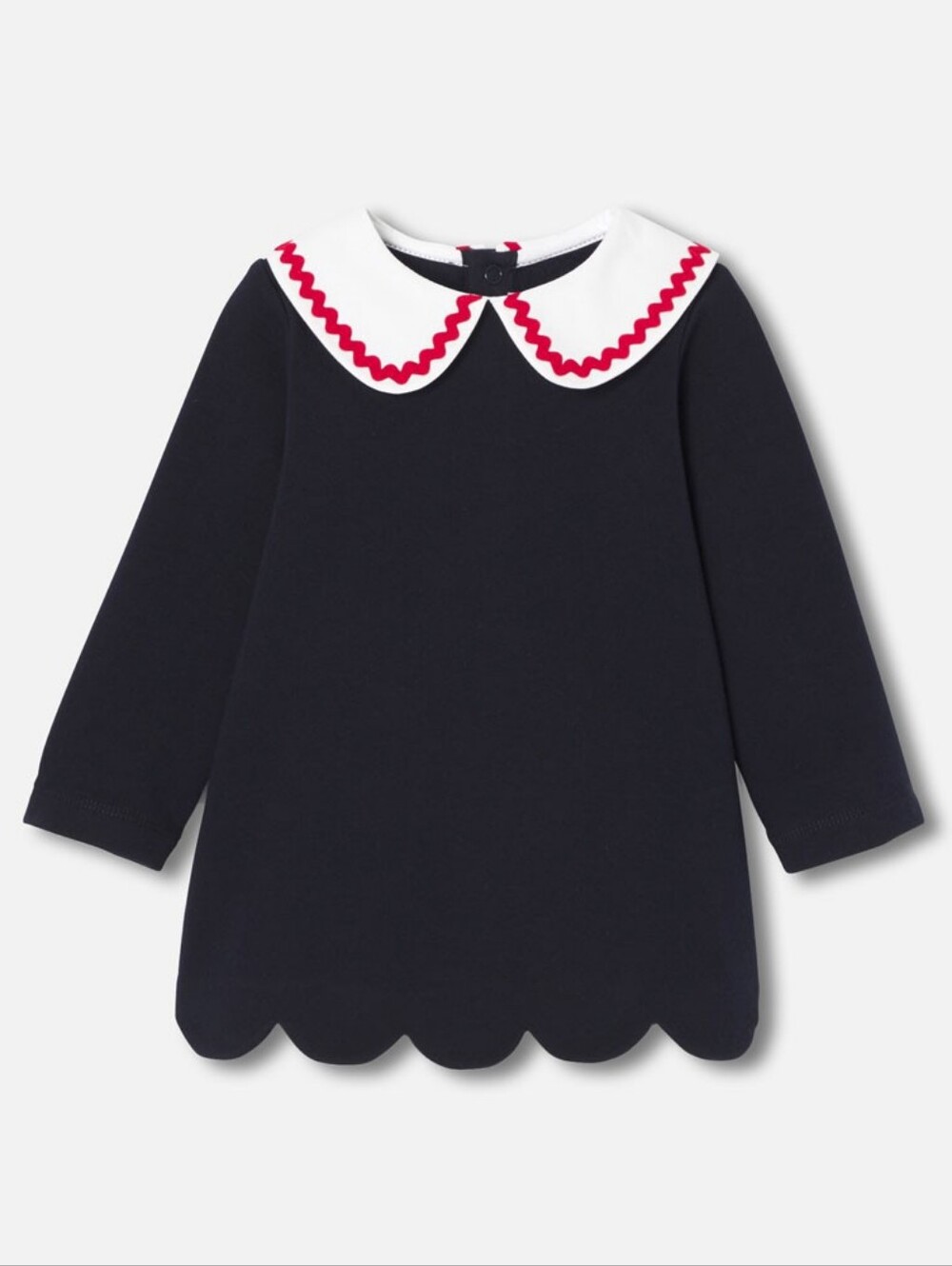 Jacadi Navy Blue and White Scalloped Fleece Dress with Red Trim